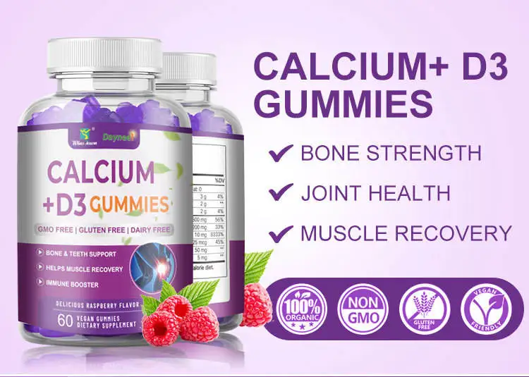 Private Label Organic Calcium Vitamin Vegan D3 Gummies Bone Strength Nutritional Supplements 2 Year Shelf Life 1-2 Gummies Per