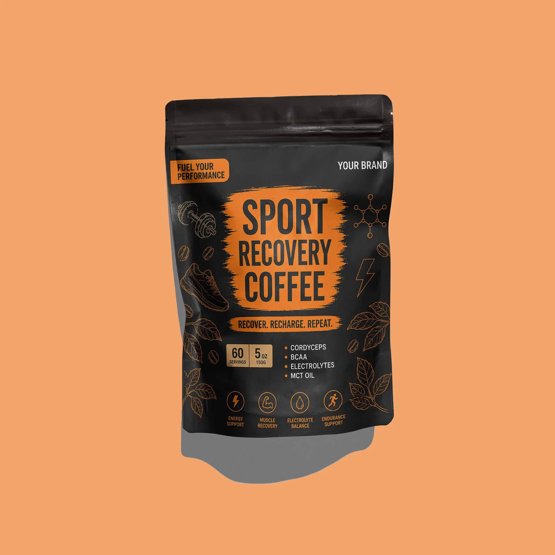 Sport Recovery Instant Coffee Powder Supplement Cordyceps BCAA Electrolytes 150g OEM Support Endurance Muscle Recovery