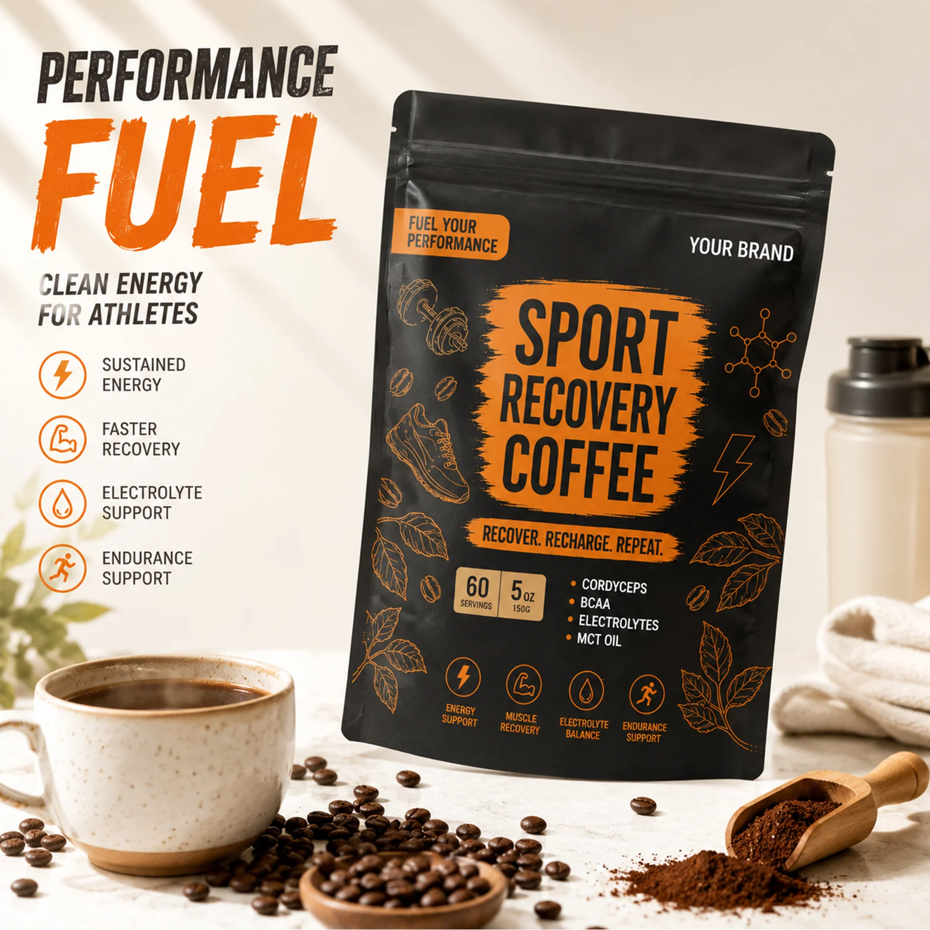 Sport Recovery Instant Coffee Powder Supplement Cordyceps BCAA Electrolytes 150g OEM Support Endurance Muscle Recovery