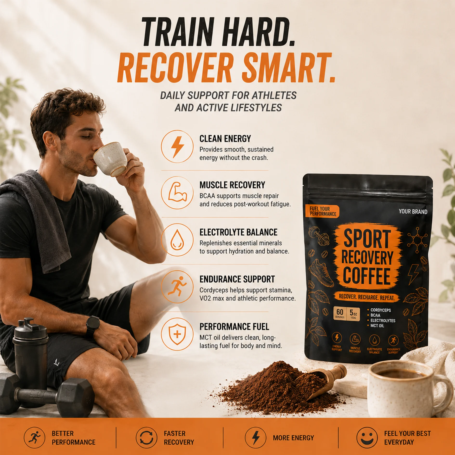 Sport Recovery Instant Coffee Powder Supplement Cordyceps BCAA Electrolytes 150g OEM Support Endurance Muscle Recovery
