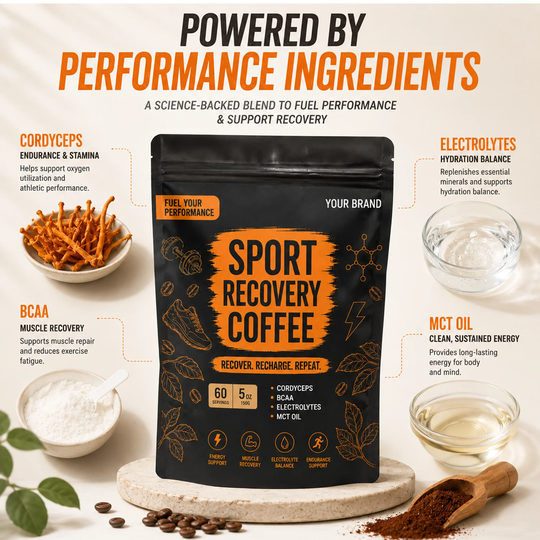Sport Recovery Instant Coffee Powder Supplement Cordyceps BCAA Electrolytes 150g OEM Support Endurance Muscle Recovery