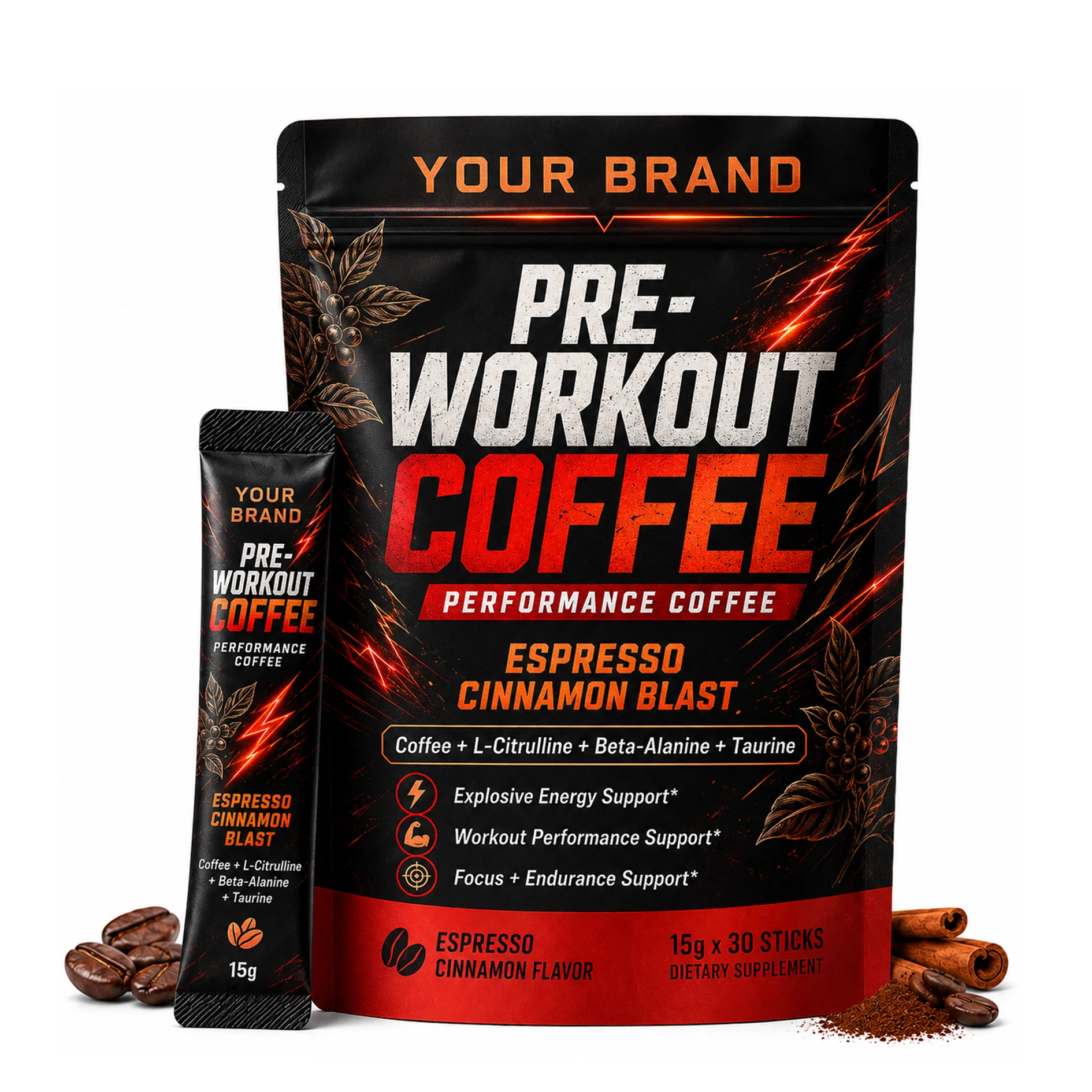 Pre Workout Coffee Sticks Powder with L-Citrulline Dietary Supplement for Workout Performance Focus & Endurance Support