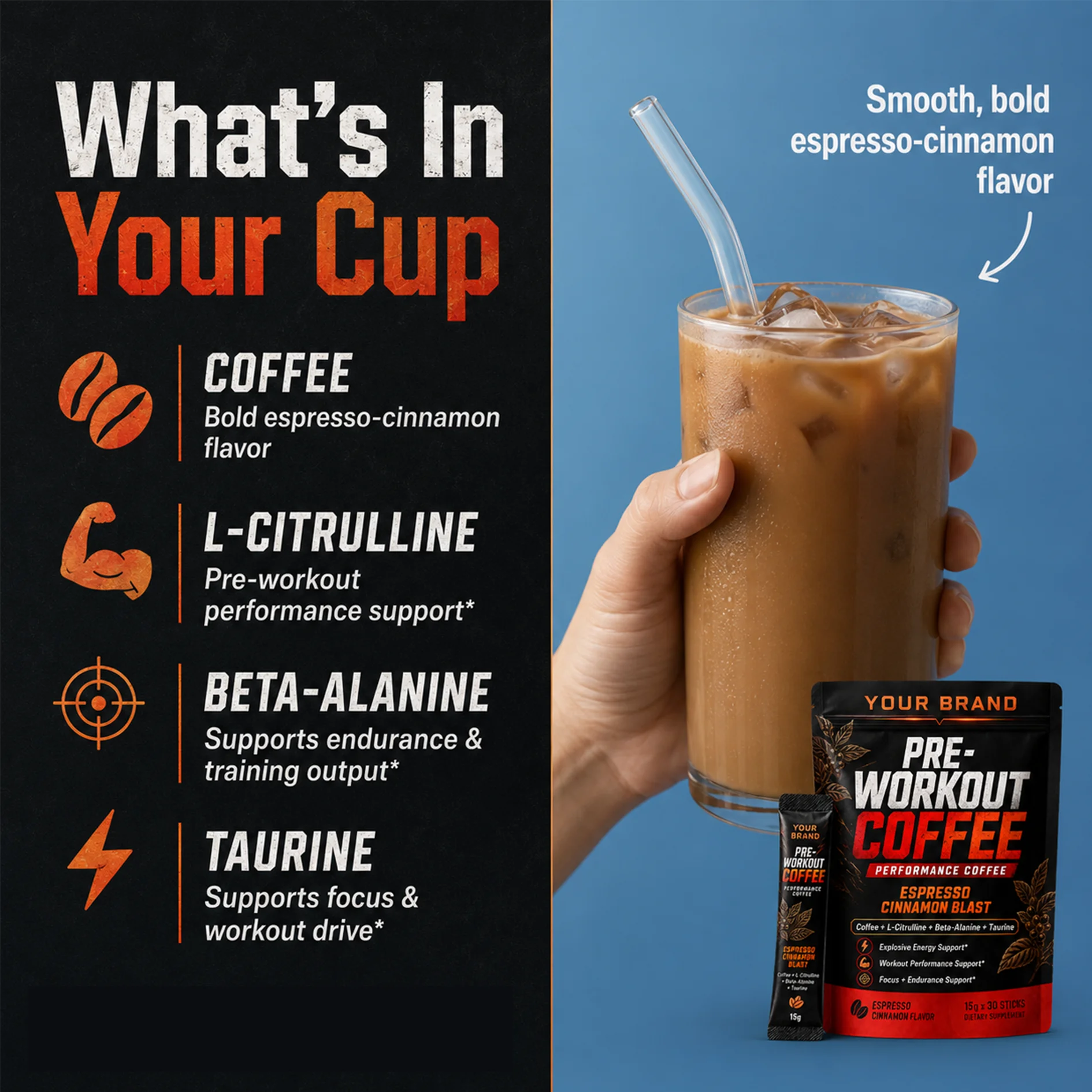 Pre Workout Coffee Sticks Powder with L-Citrulline Dietary Supplement for Workout Performance Focus & Endurance Support