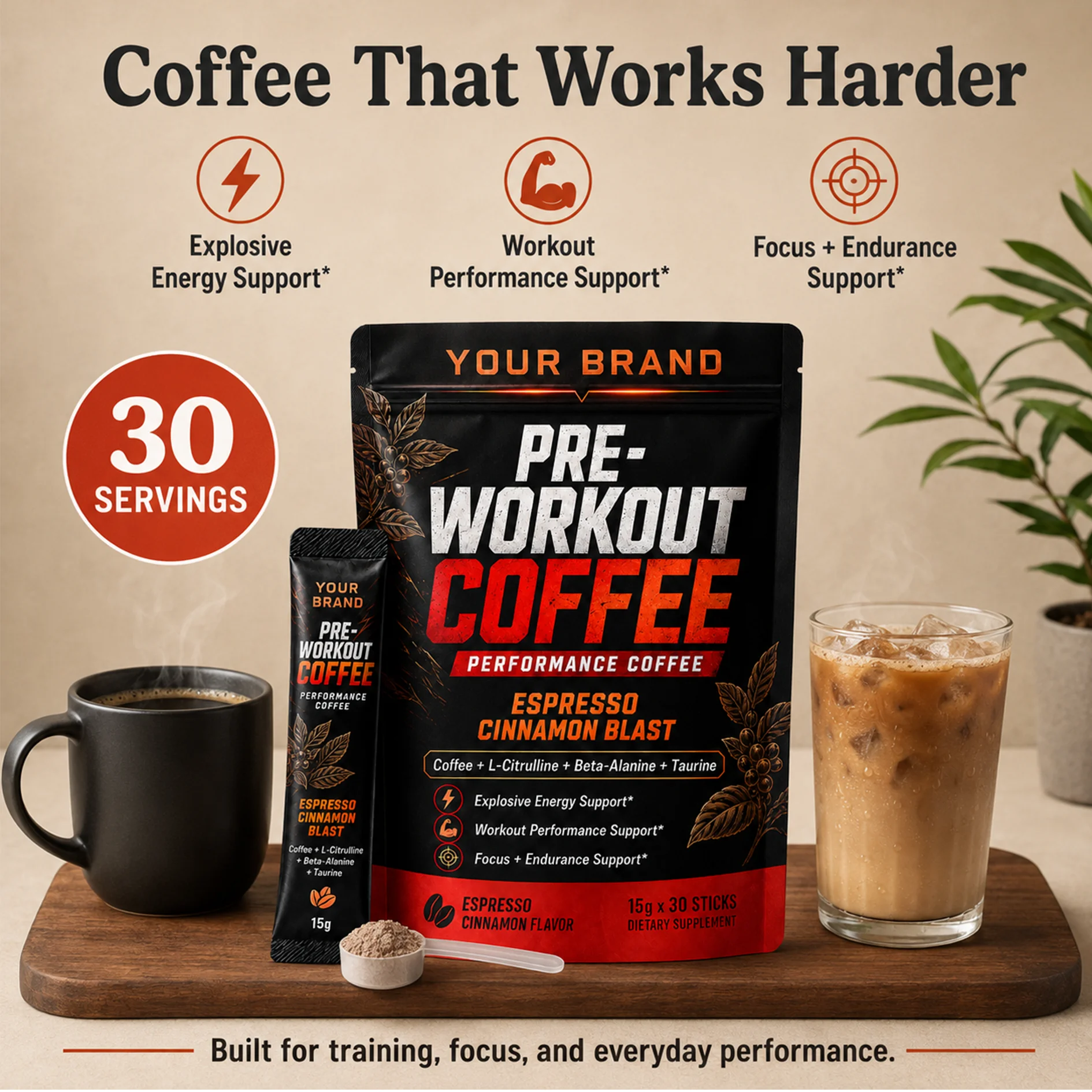 Pre Workout Coffee Sticks Powder with L-Citrulline Dietary Supplement for Workout Performance Focus & Endurance Support