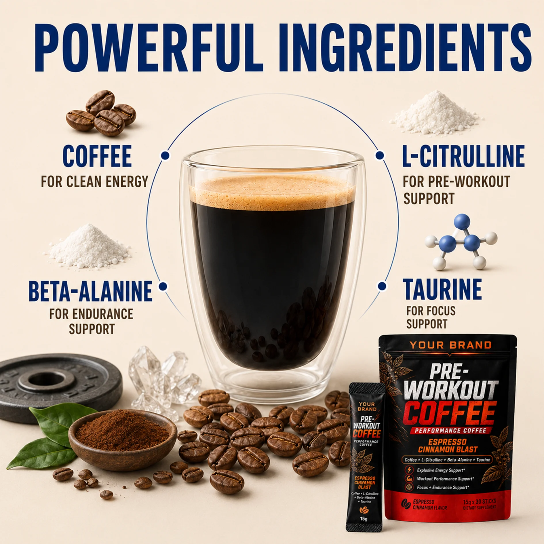Pre Workout Coffee Sticks Powder with L-Citrulline Dietary Supplement for Workout Performance Focus & Endurance Support