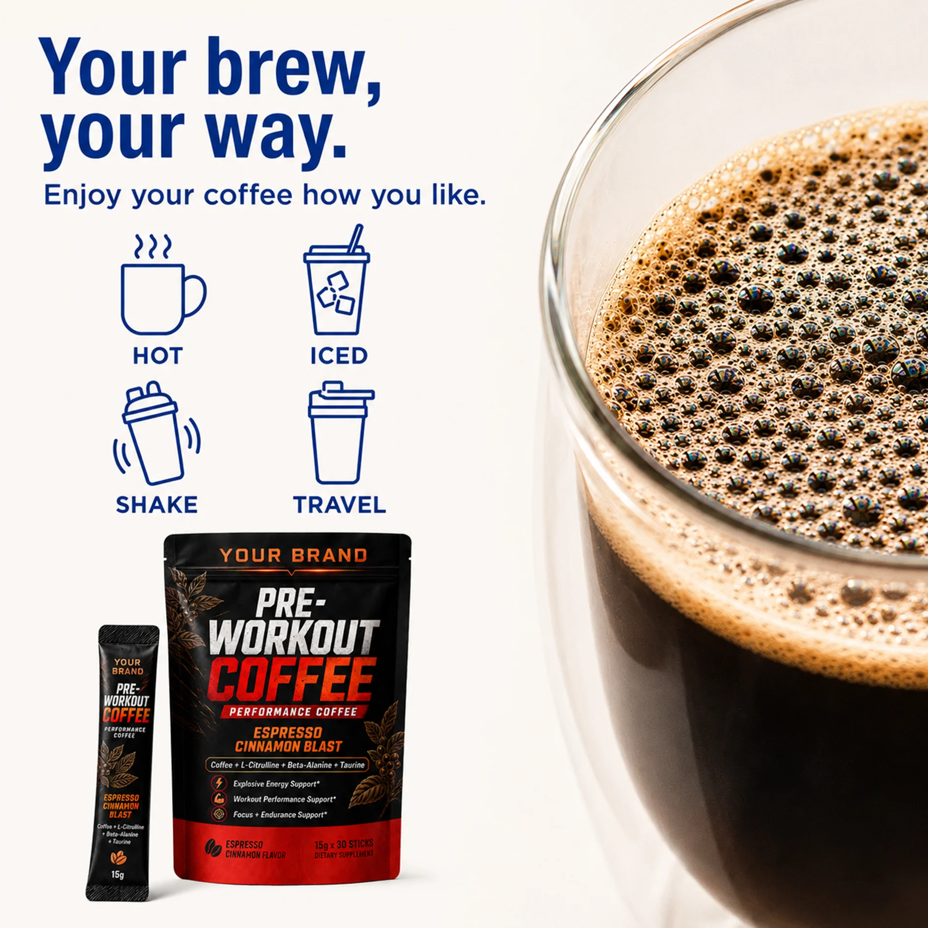 Pre Workout Coffee Sticks Powder with L-Citrulline Dietary Supplement for Workout Performance Focus & Endurance Support
