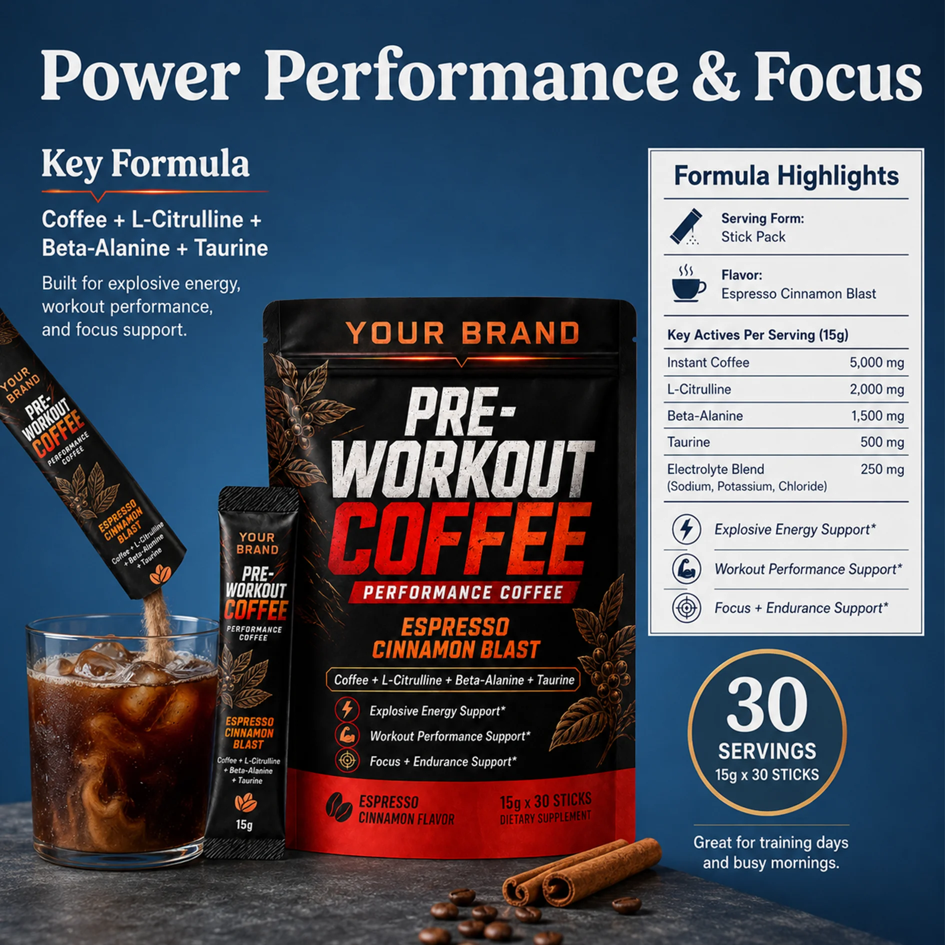 Pre Workout Coffee Sticks Powder with L-Citrulline Dietary Supplement for Workout Performance Focus & Endurance Support