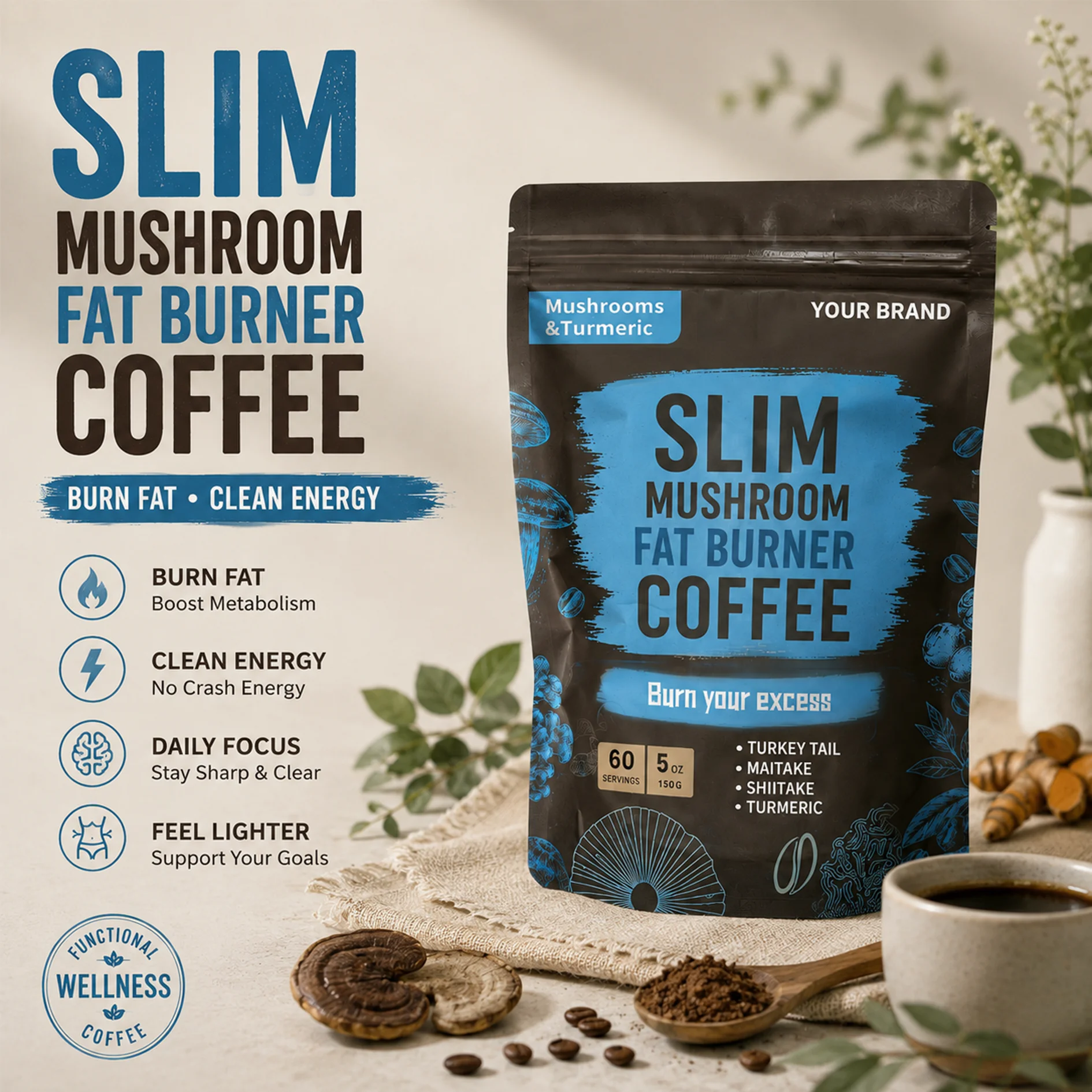 Mushroom Instant Coffee Supplement with Shiitake & Maitake Extracts for Support Weight Loss Management Products