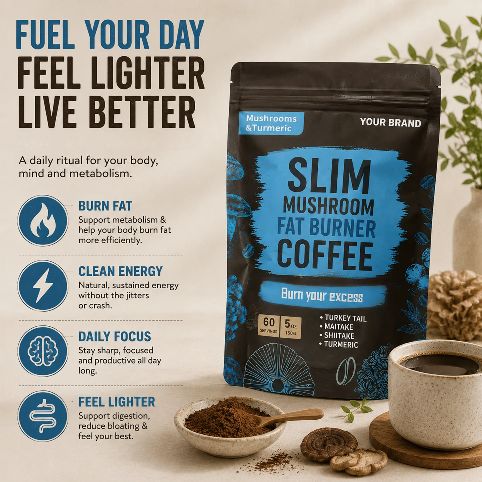 Mushroom Instant Coffee Supplement with Shiitake & Maitake Extracts for Support Weight Loss Management Products