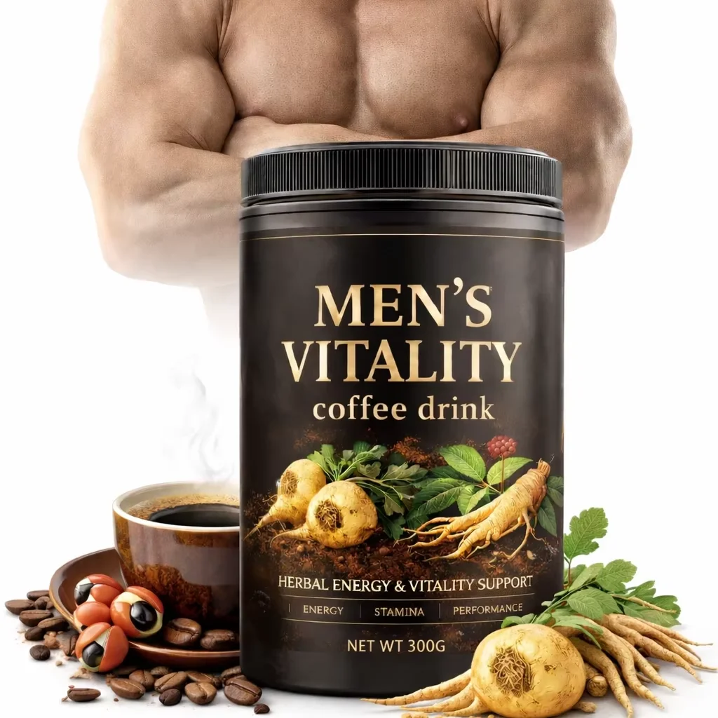 Herbal Coffee Powder for Adult Men's Vitality Maca Panax Ginseng Cordyceps & Ashwagandha Blend Natural Energy & Stamina Support