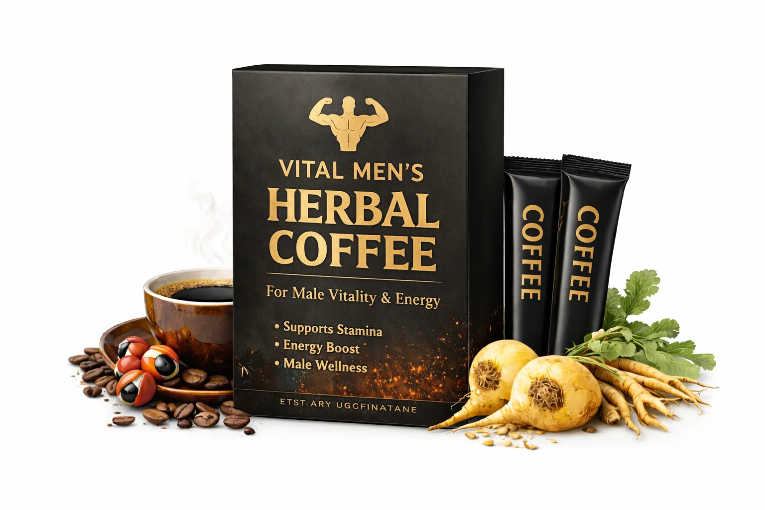 Herbal Coffee Powder for Adult Men's Vitality Maca Panax Ginseng Cordyceps & Ashwagandha Blend Natural Energy & Stamina Support