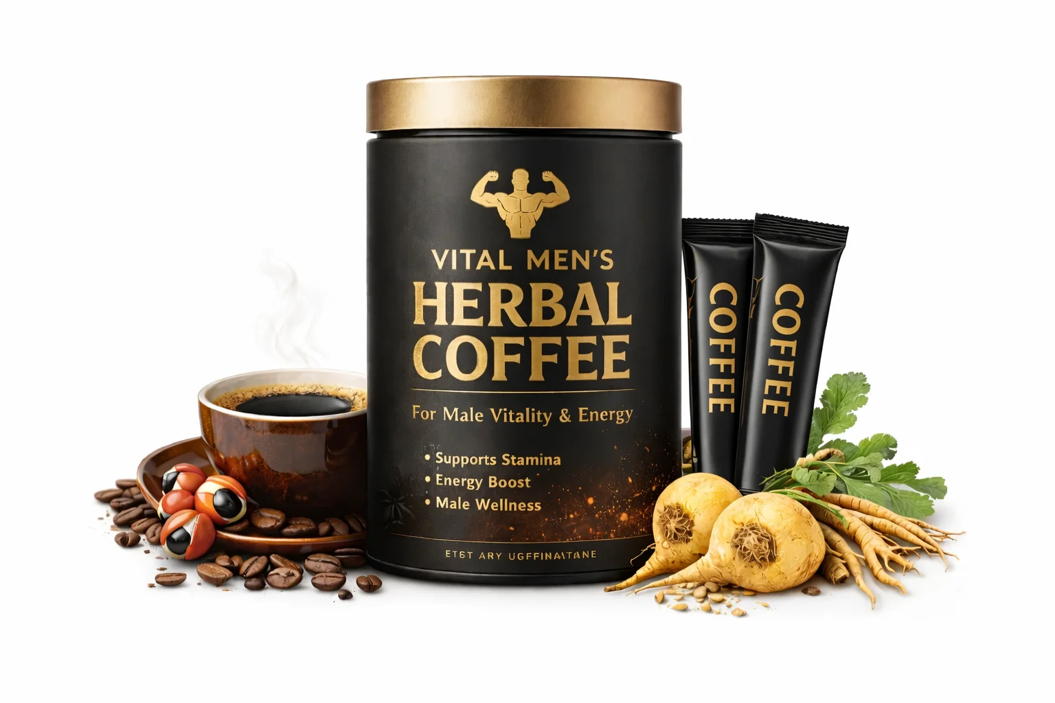 Herbal Coffee Powder for Adult Men's Vitality Maca Panax Ginseng Cordyceps & Ashwagandha Blend Natural Energy & Stamina Support
