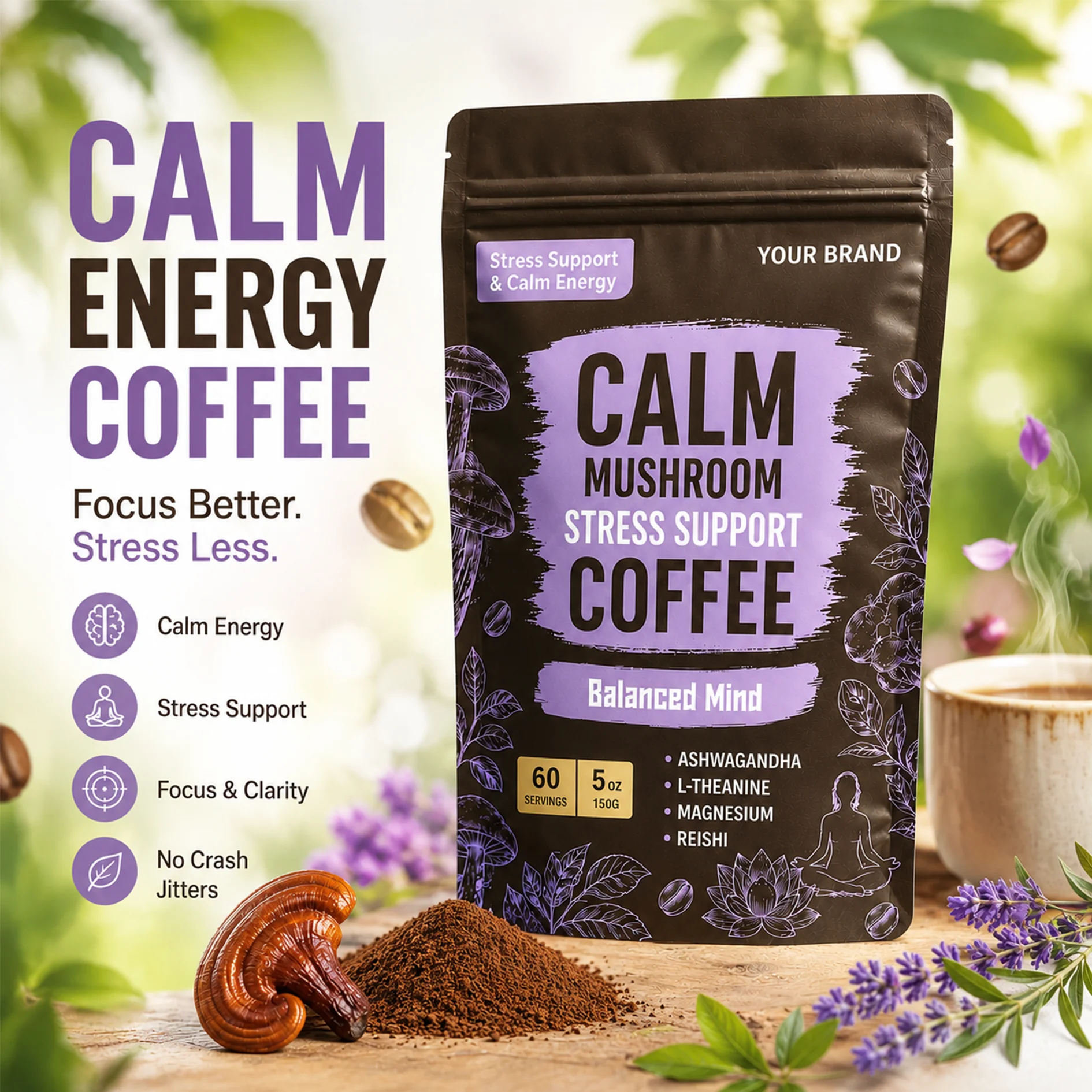 OEM Calm Mushroom Reishi Ashwagandha Extract L-Theanine Instant Coffee Powder Supplement for Support Calm Energy Focus Clarity