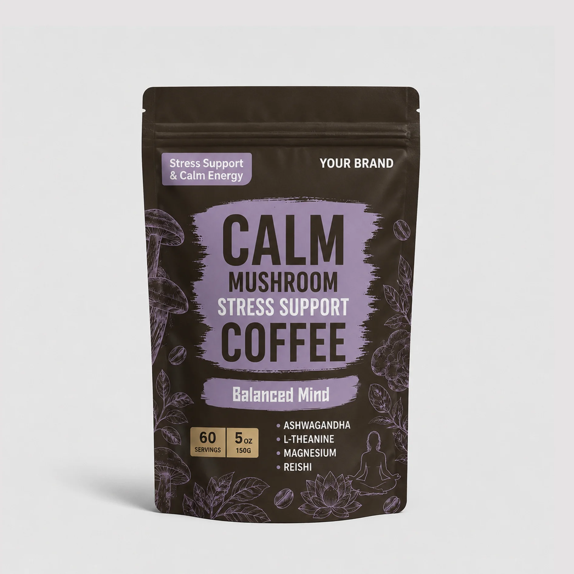OEM Calm Mushroom Reishi Ashwagandha Extract L-Theanine Instant Coffee Powder Supplement for Support Calm Energy Focus Clarity
