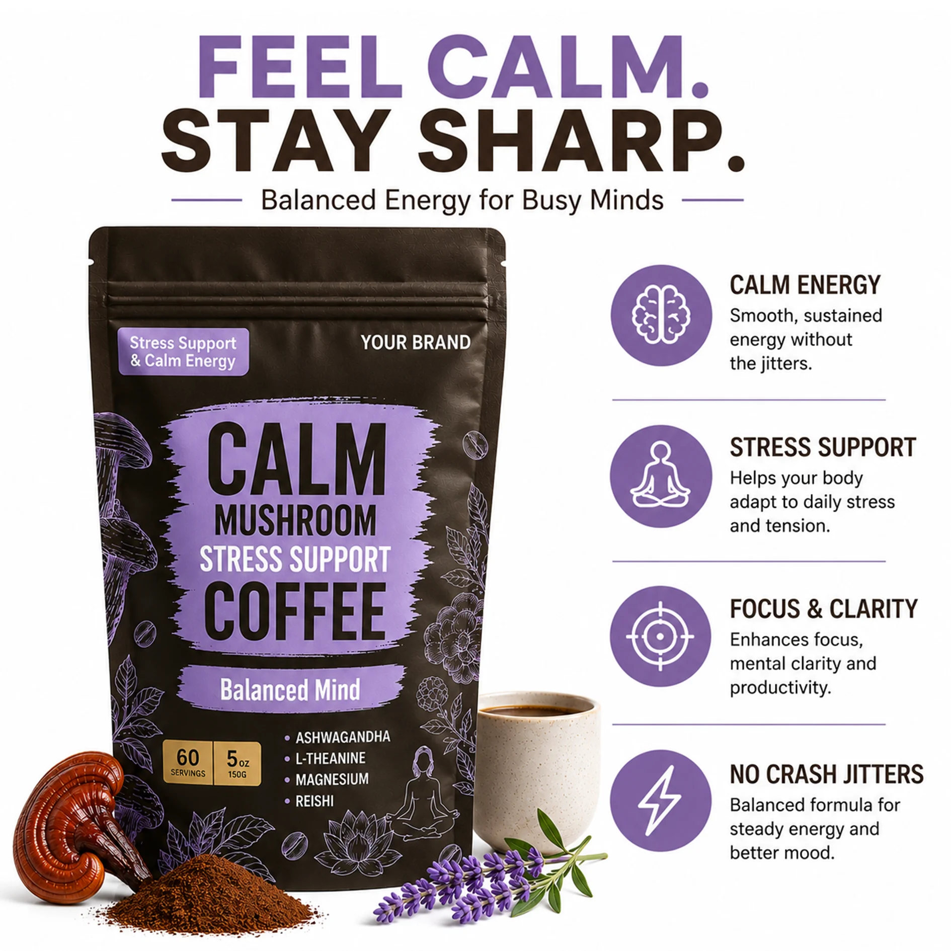 OEM Calm Mushroom Reishi Ashwagandha Extract L-Theanine Instant Coffee Powder Supplement for Support Calm Energy Focus Clarity