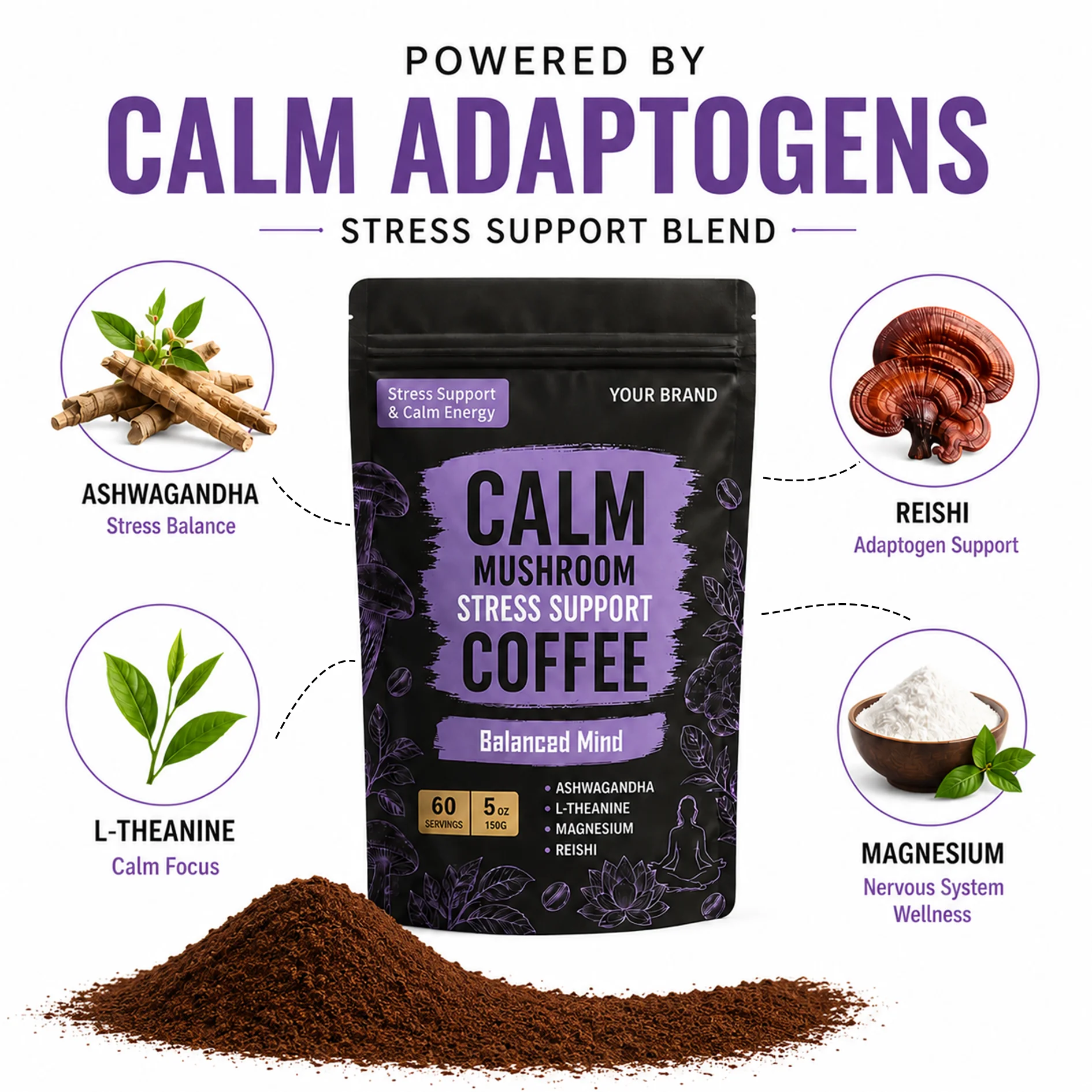 OEM Calm Mushroom Reishi Ashwagandha Extract L-Theanine Instant Coffee Powder Supplement for Support Calm Energy Focus Clarity