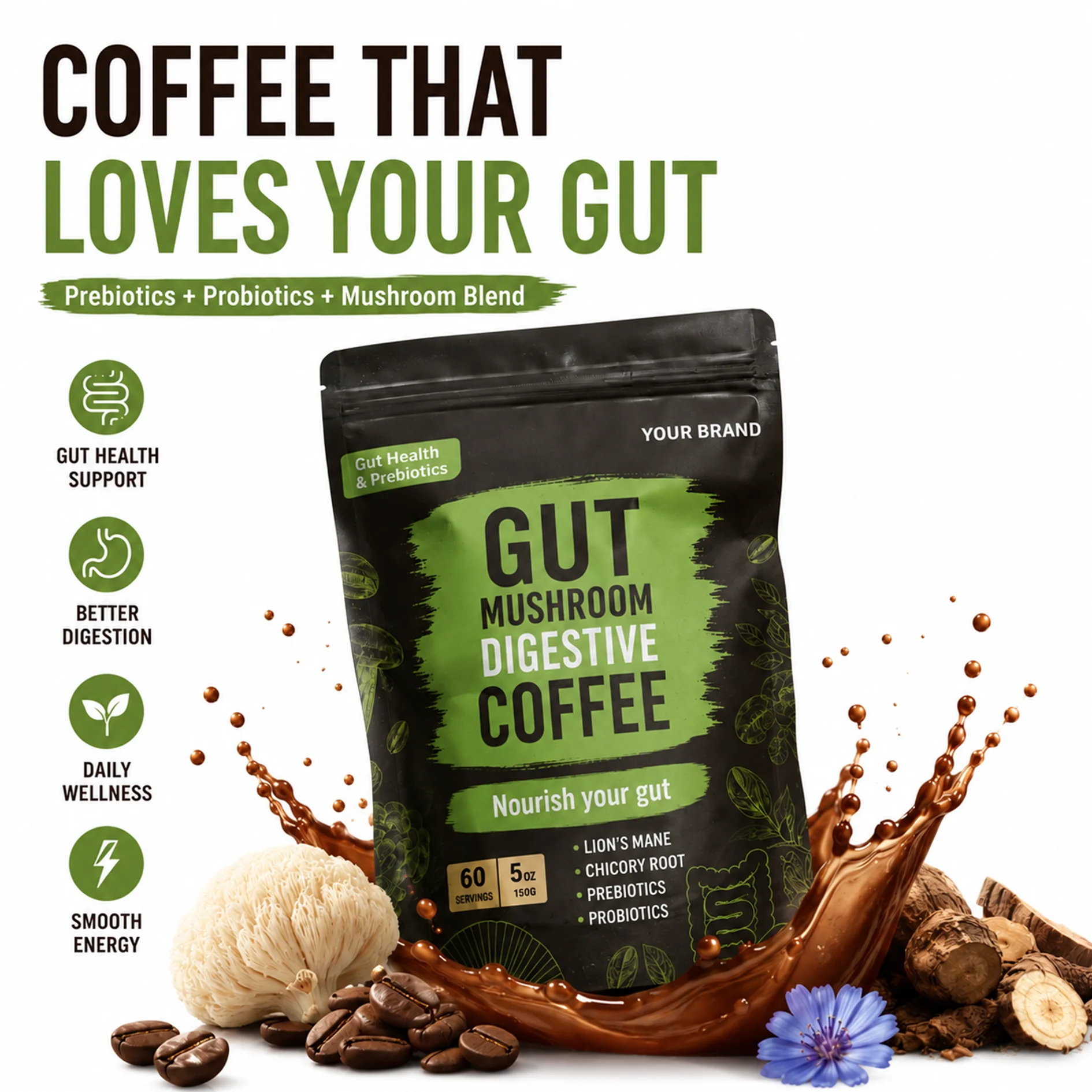 Prebiotic Probiotic Gut Health Mushroom Instant Coffee Powder Supplement Support Gut Immune Health Smooth Digestion 150g