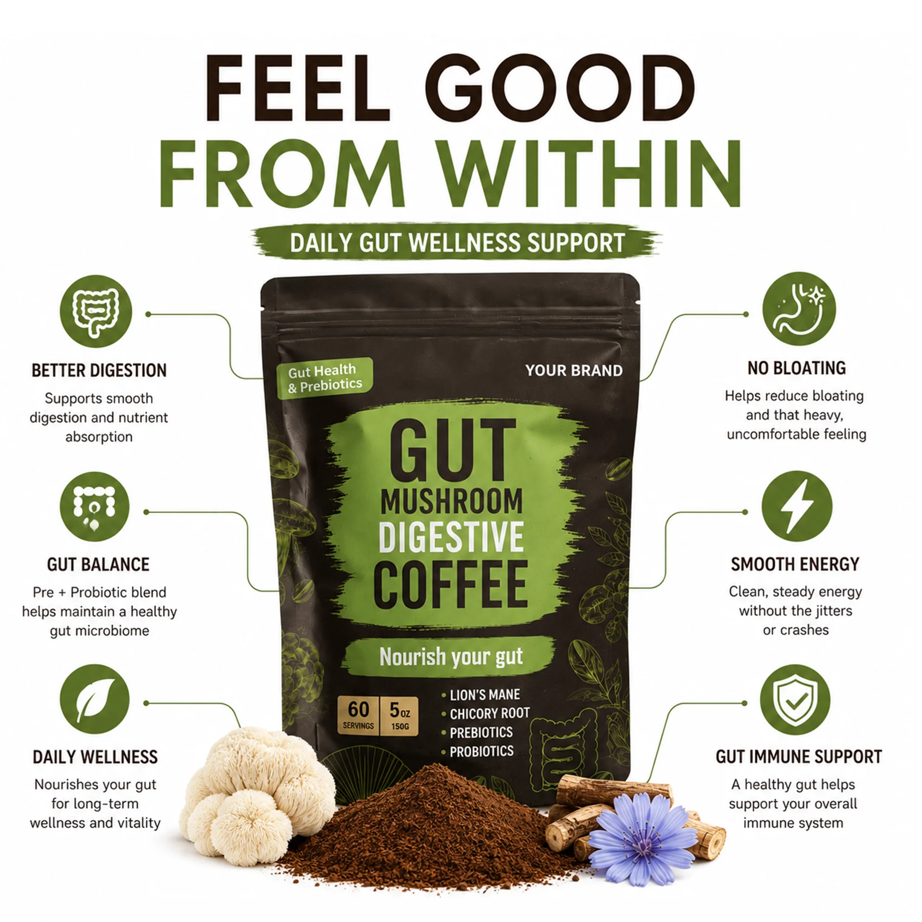 Prebiotic Probiotic Gut Health Mushroom Instant Coffee Powder Supplement Support Gut Immune Health Smooth Digestion 150g