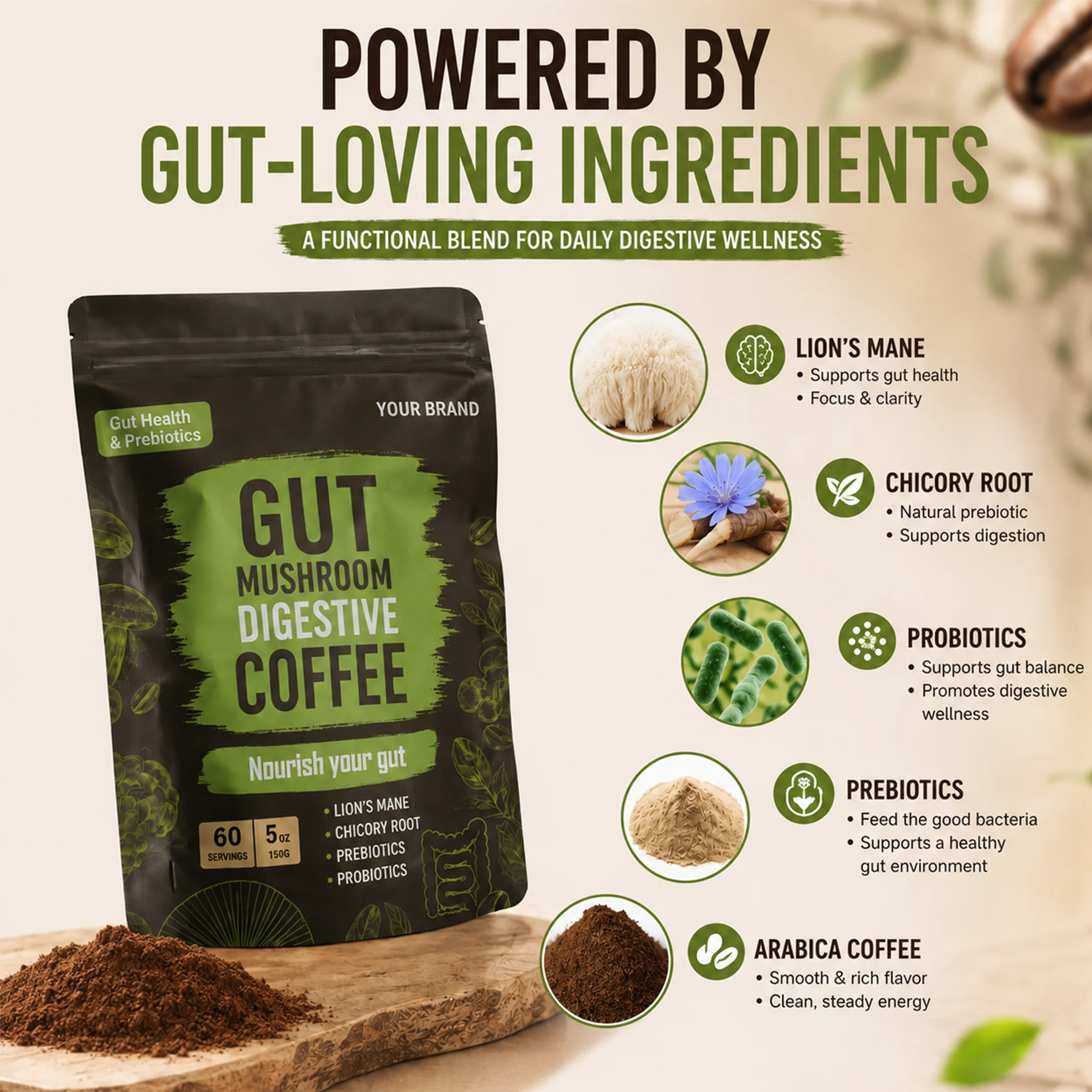 Prebiotic Probiotic Gut Health Mushroom Instant Coffee Powder Supplement Support Gut Immune Health Smooth Digestion 150g