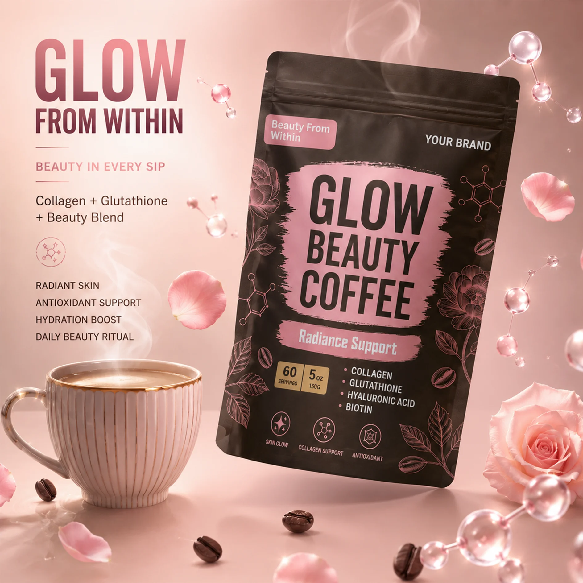 OEM Collagen Glutathione Hyaluronic Acid Women Beauty Instant Coffee Powder Supplement 150g Support Brighten Skin Antioxidant