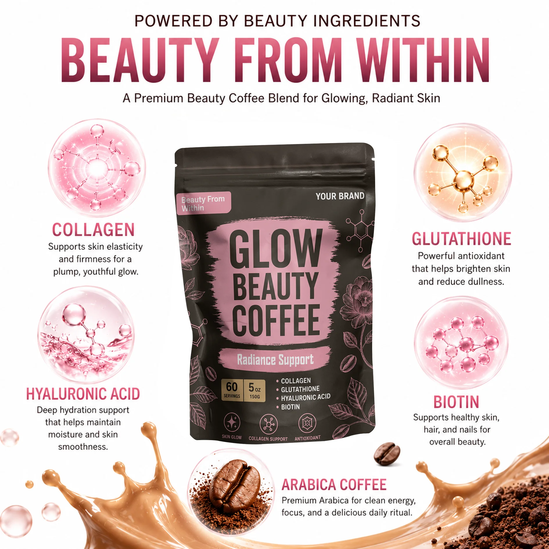 OEM Collagen Glutathione Hyaluronic Acid Women Beauty Instant Coffee Powder Supplement 150g Support Brighten Skin Antioxidant