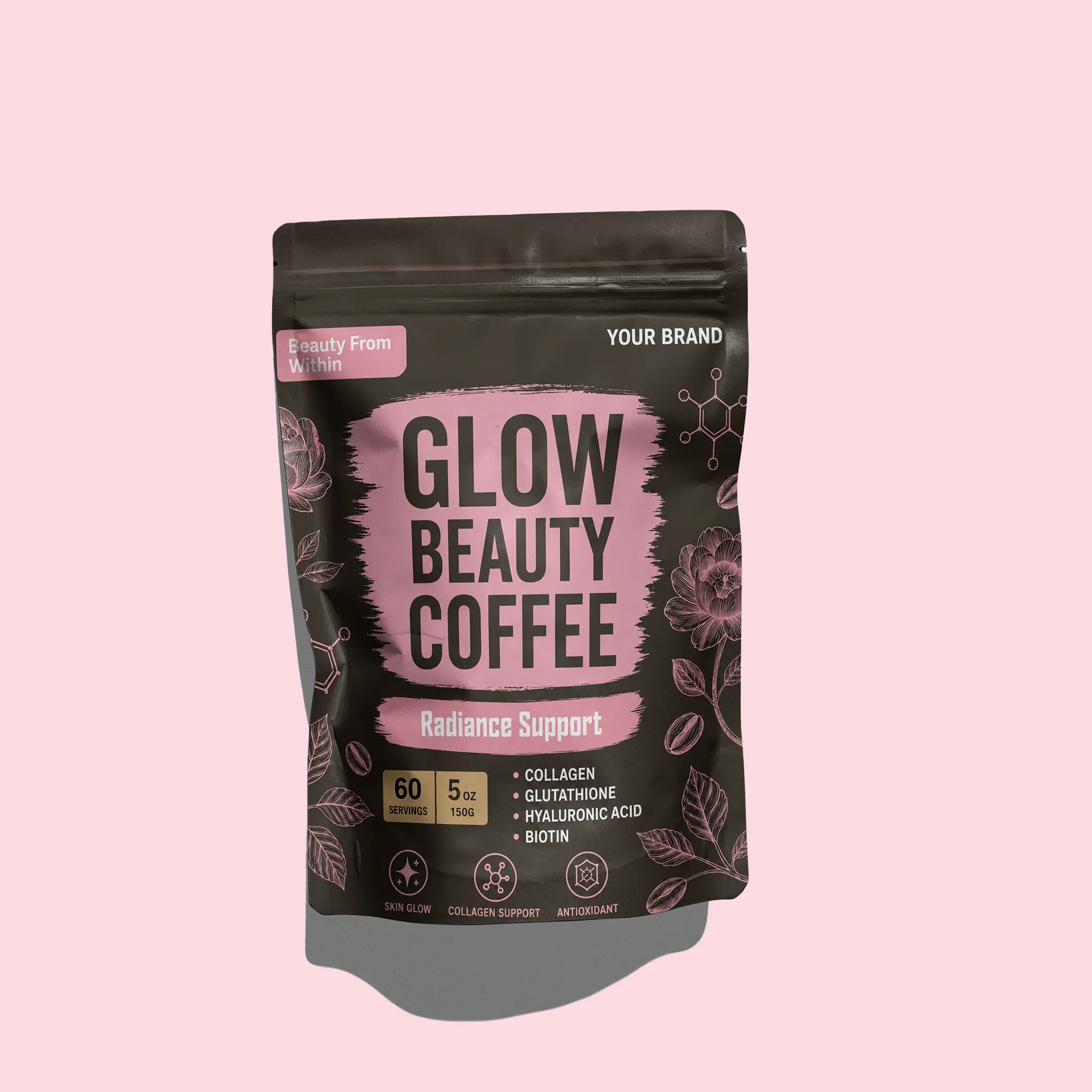OEM Collagen Glutathione Hyaluronic Acid Women Beauty Instant Coffee Powder Supplement 150g Support Brighten Skin Antioxidant