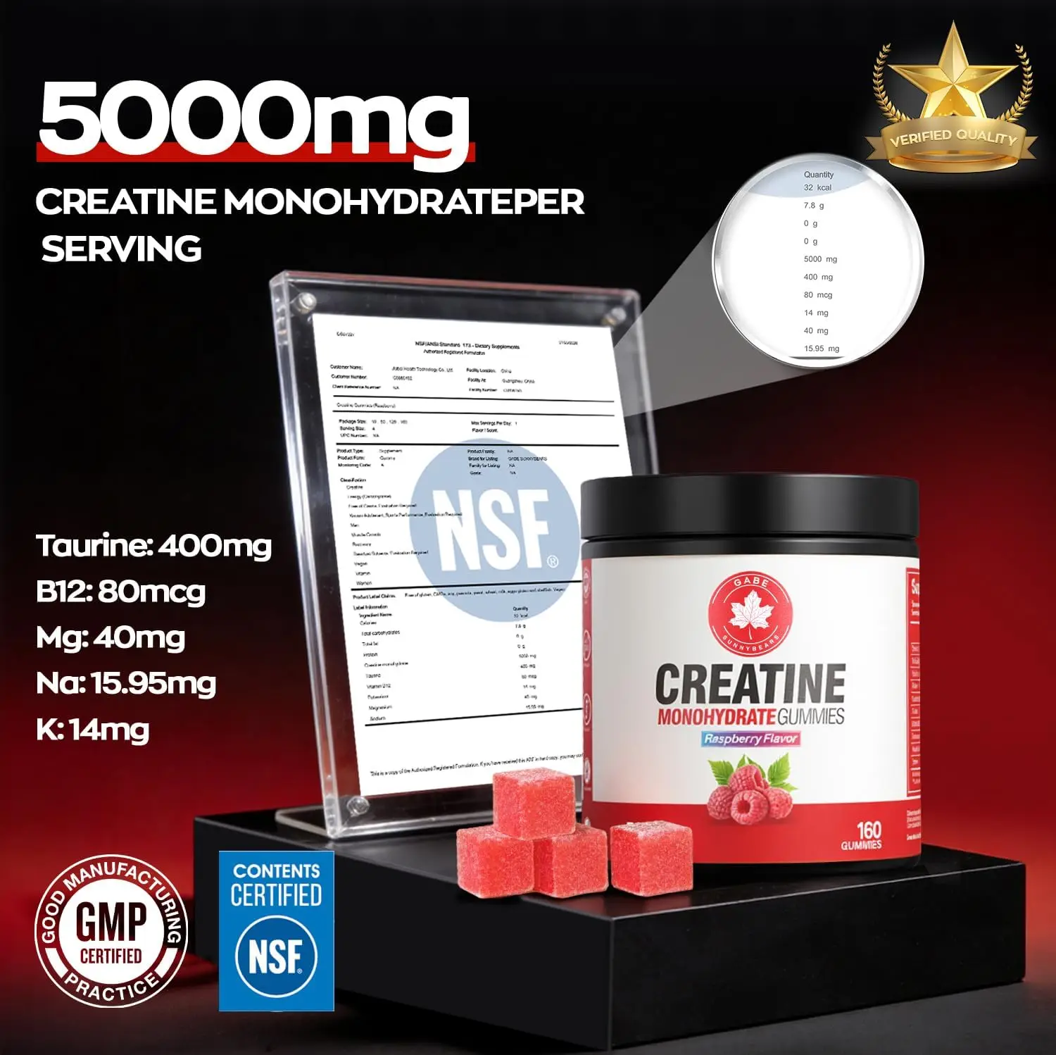 GABE SUNNYBEARS Creatine Gummies NSF Certified Antioxidant 5g Monohydrate Per Serving Taurine B12 Raspberry Flavor 160 Count Men