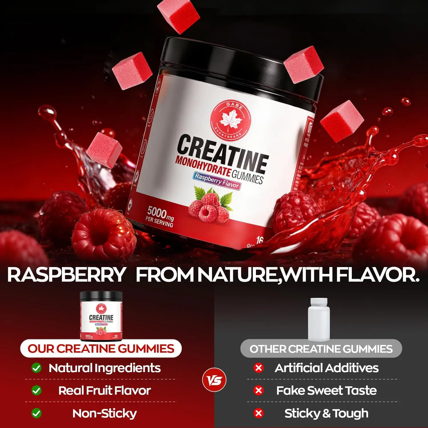 GABE SUNNYBEARS Creatine Gummies NSF Certified Antioxidant 5g Monohydrate Per Serving Taurine B12 Raspberry Flavor 160 Count Men