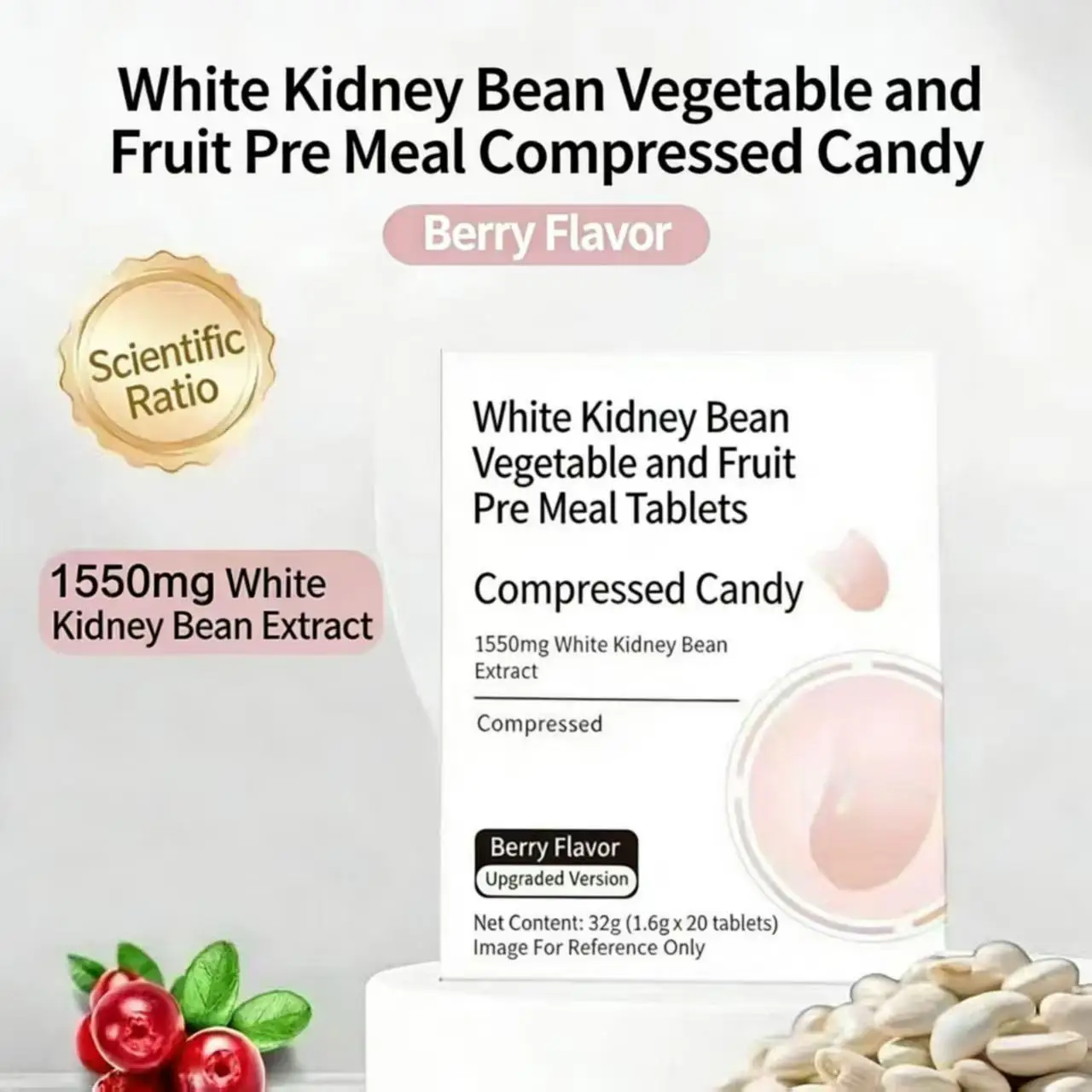 OEM Customized White Kidney Bean Fruit Vegetable Pre Meal Tablets Pressed Candy Dietary Fiber Weight Loss Food in Bottle