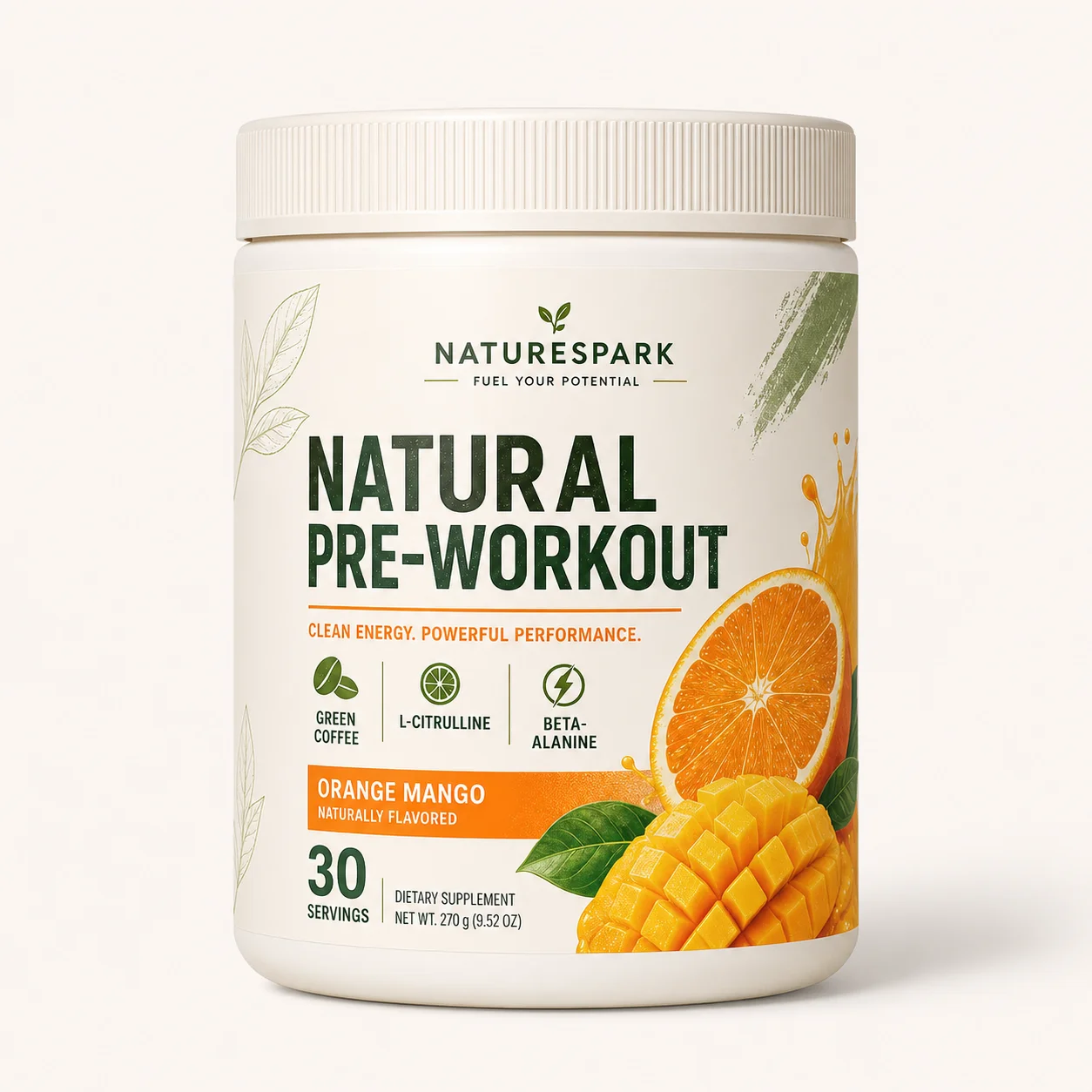 OEM ODM Natural Pre Workout Powder Orange Mango Flavor Green Coffee L-Citrulline Beta Alanine Sports Nutrition Supplement