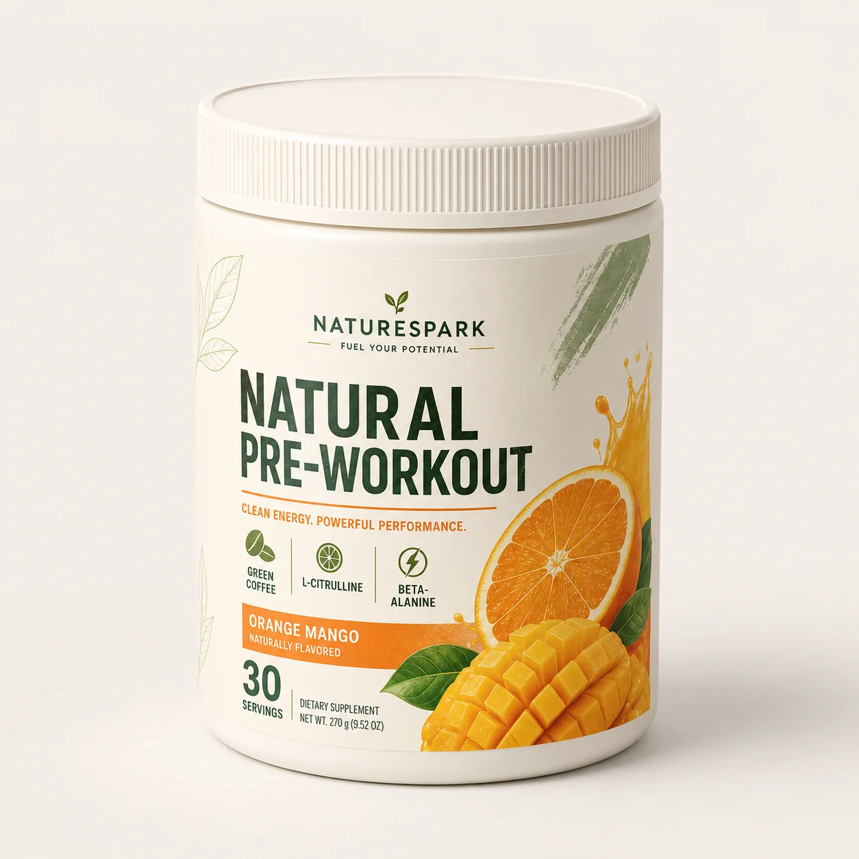 OEM ODM Natural Pre Workout Powder Orange Mango Flavor Green Coffee L-Citrulline Beta Alanine Sports Nutrition Supplement