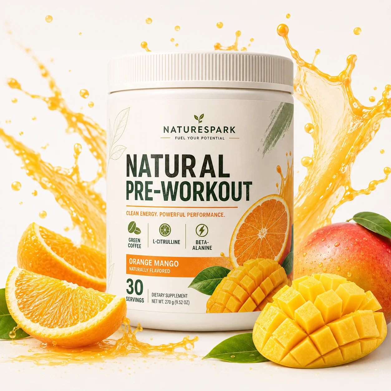 OEM ODM Natural Pre Workout Powder Orange Mango Flavor Green Coffee L-Citrulline Beta Alanine Sports Nutrition Supplement