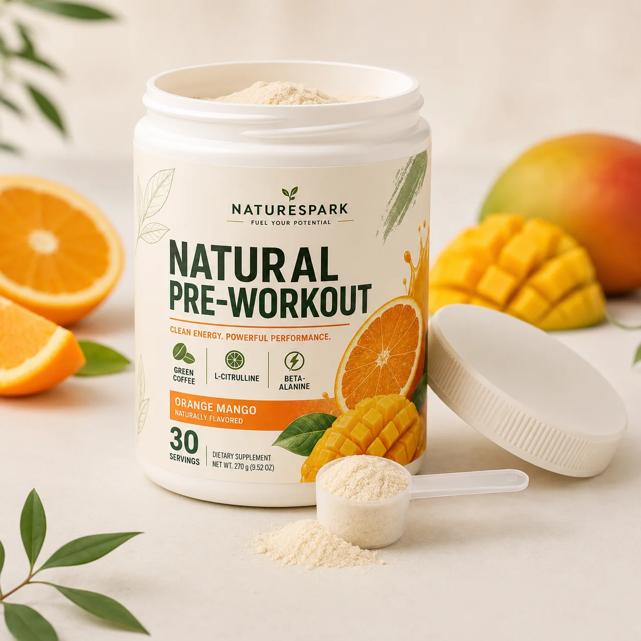 OEM ODM Natural Pre Workout Powder Orange Mango Flavor Green Coffee L-Citrulline Beta Alanine Sports Nutrition Supplement