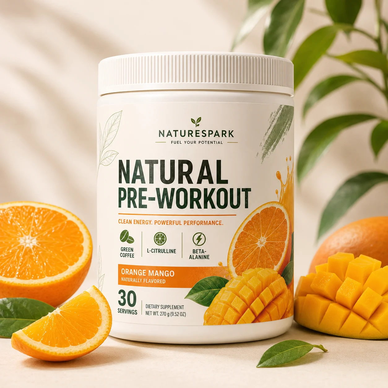OEM ODM Natural Pre Workout Powder Orange Mango Flavor Green Coffee L-Citrulline Beta Alanine Sports Nutrition Supplement