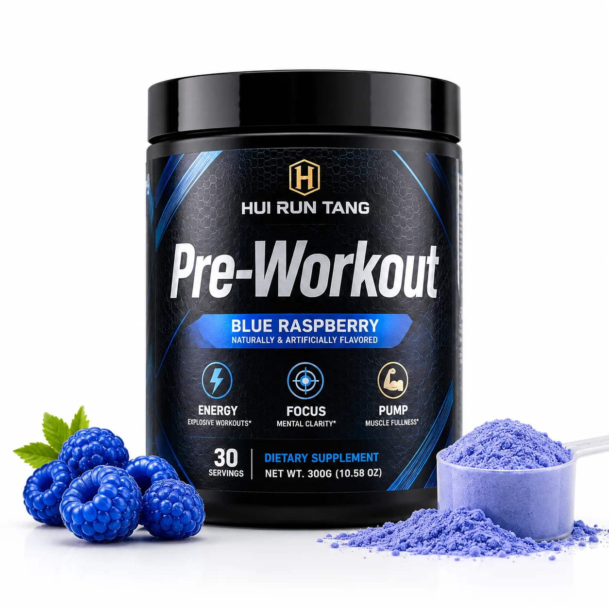 OEM Private Label Blue Raspberry Pre Workout Powder Energy Focus Pump Sports Nutrition Supplement 30 Servings