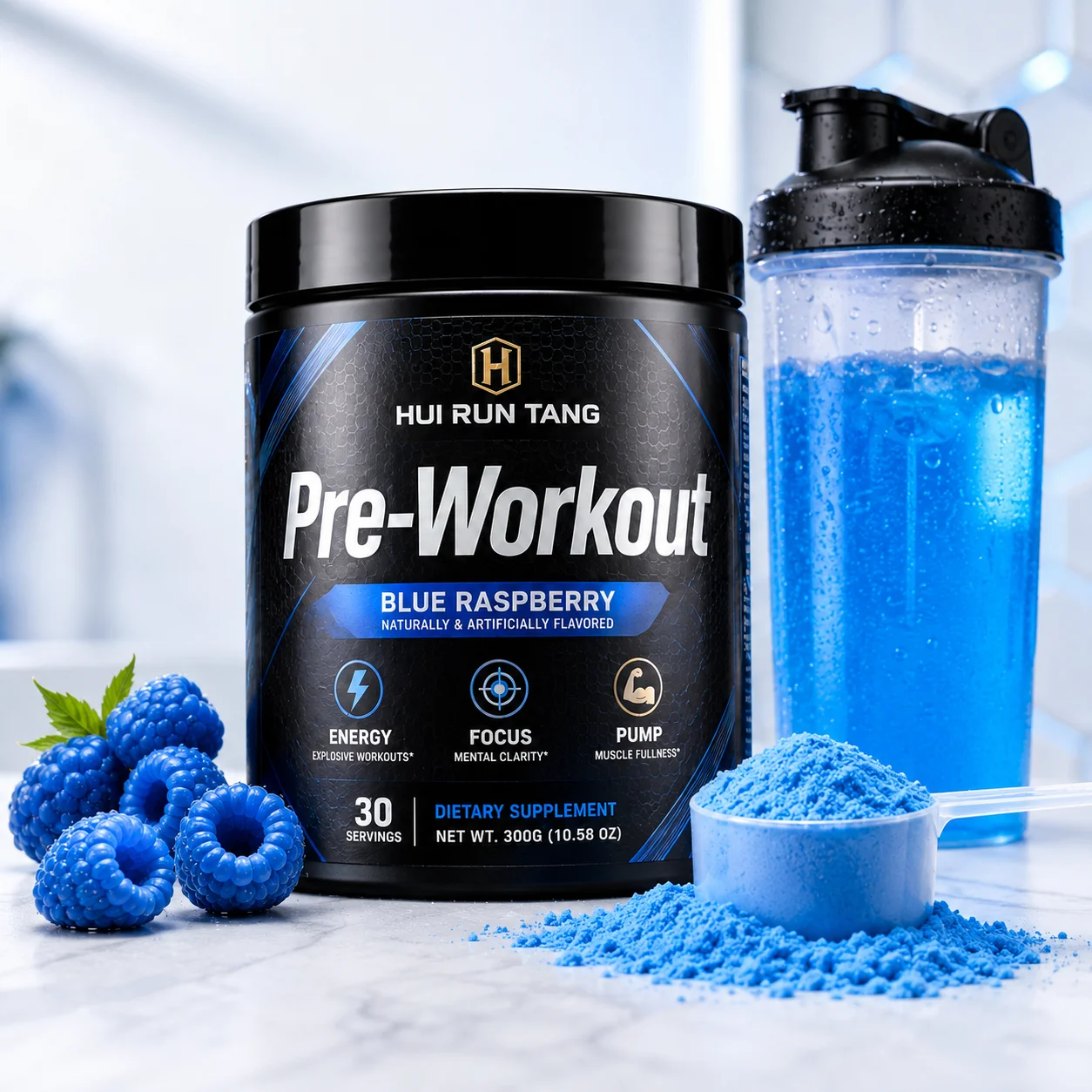 OEM Private Label Blue Raspberry Pre Workout Powder Energy Focus Pump Sports Nutrition Supplement 30 Servings