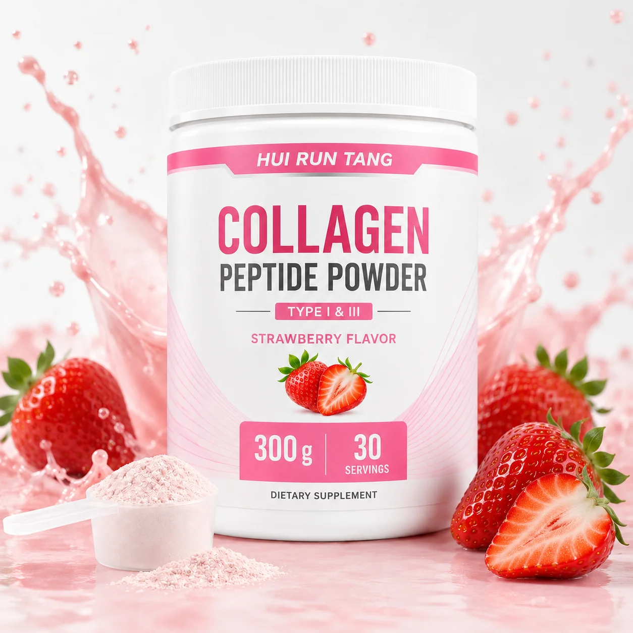 OEM Private Label Strawberry Collagen Peptide Powder Type One and Three Beauty Nutrition Supplement 300 g 30 Servings