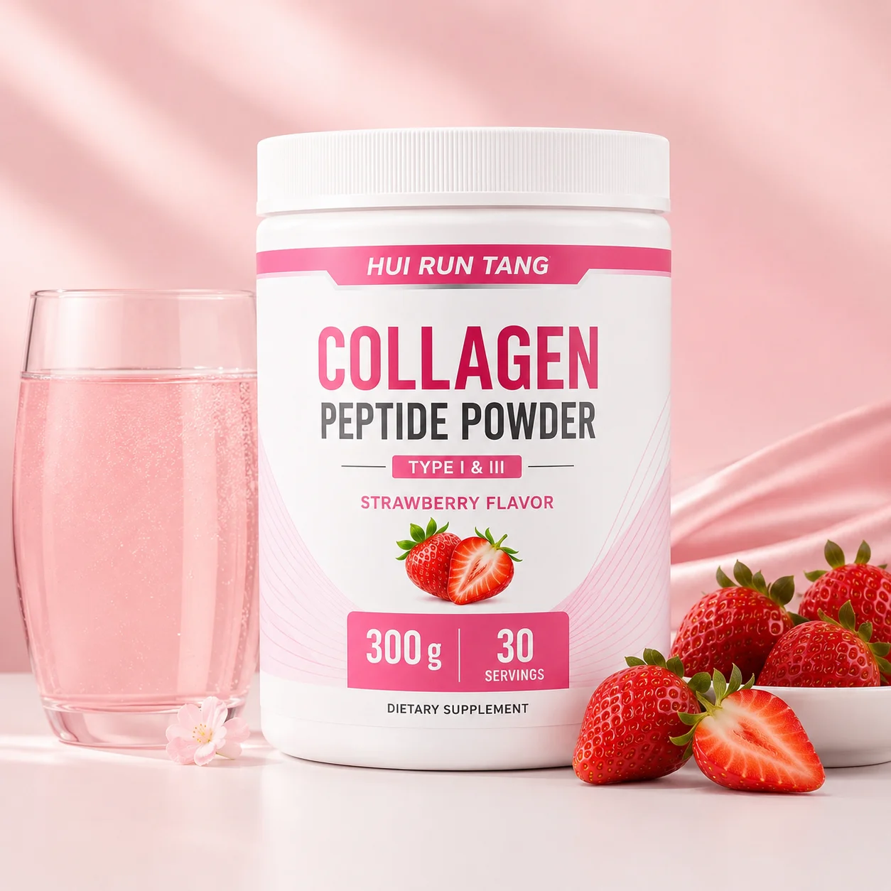OEM Private Label Strawberry Collagen Peptide Powder Type One and Three Beauty Nutrition Supplement 300 g 30 Servings