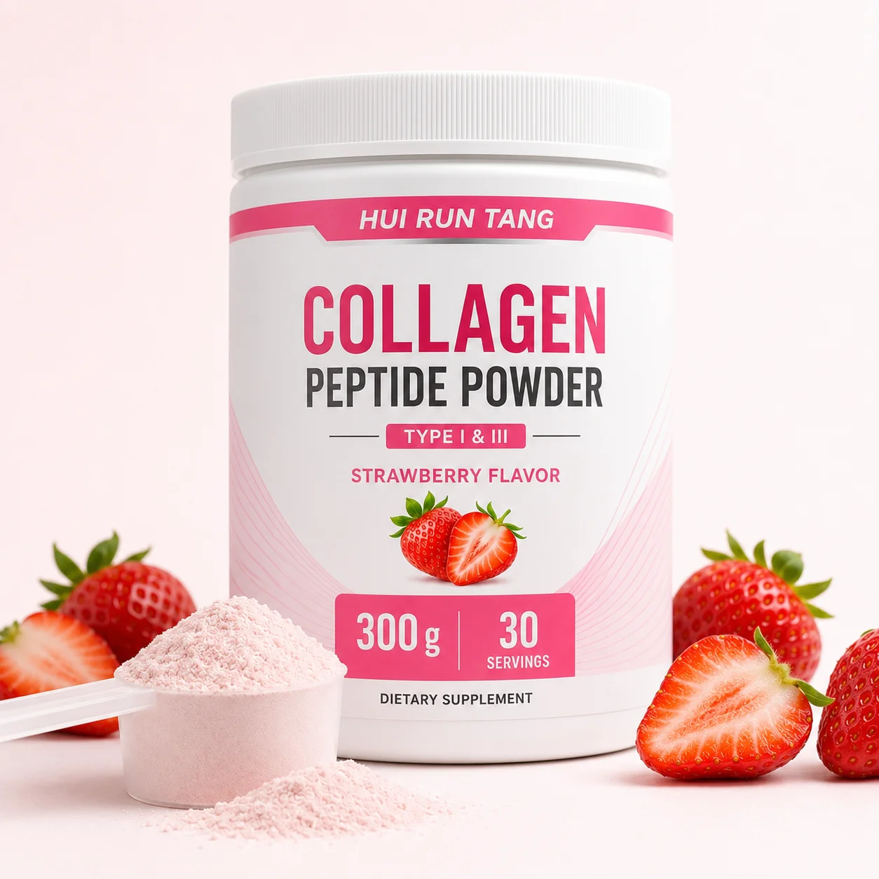 OEM Private Label Strawberry Collagen Peptide Powder Type One and Three Beauty Nutrition Supplement 300 g 30 Servings