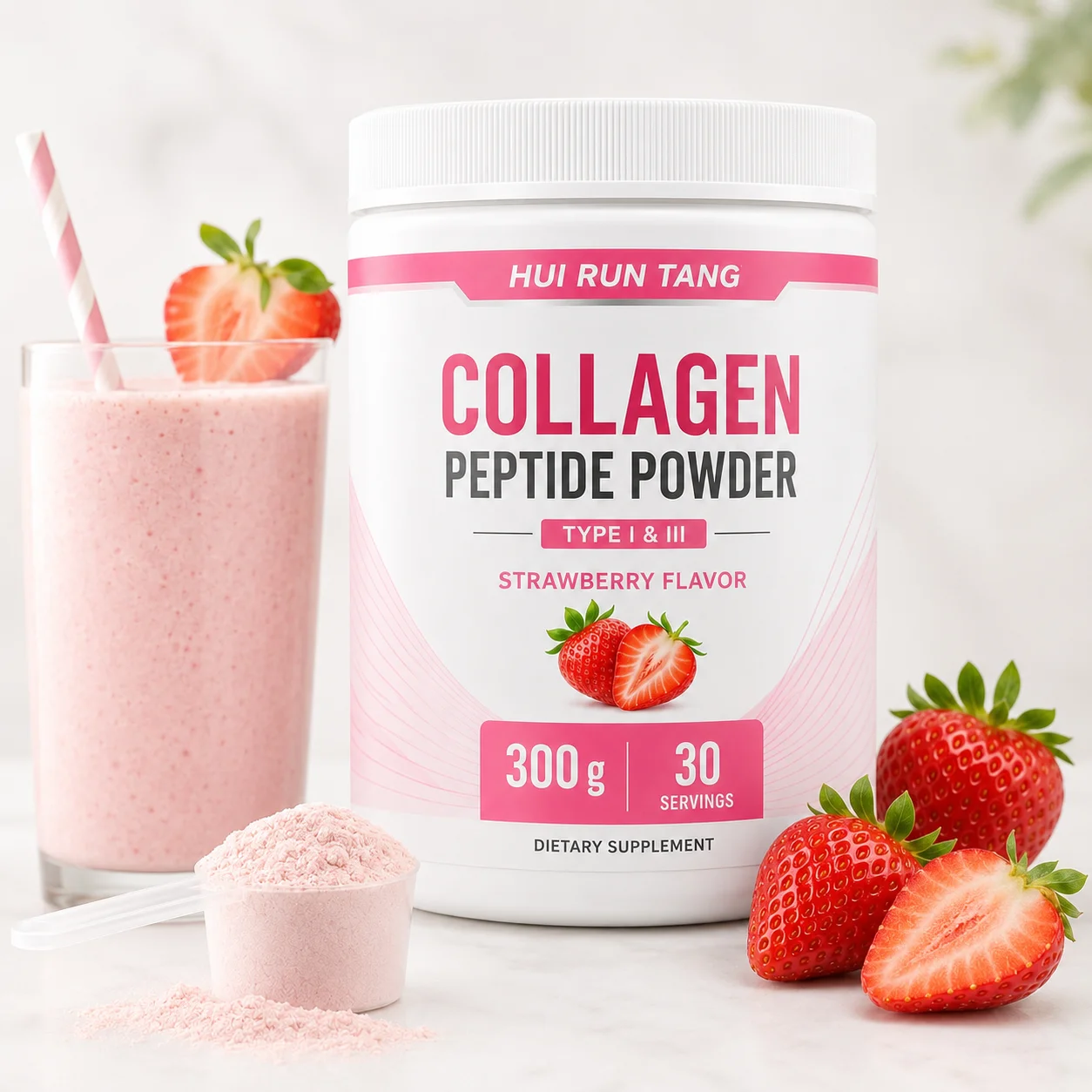 OEM Private Label Strawberry Collagen Peptide Powder Type One and Three Beauty Nutrition Supplement 300 g 30 Servings