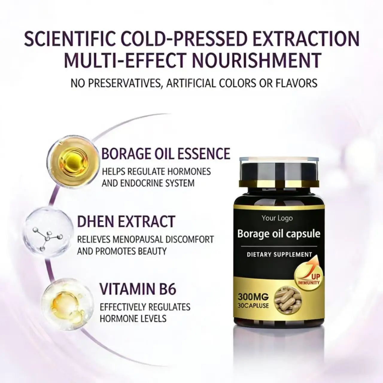 High Quality Borage Oil Softgel Capsules for Skin Health & Women Wellness Pure Vegan Gluten Free, Supports the Immune System